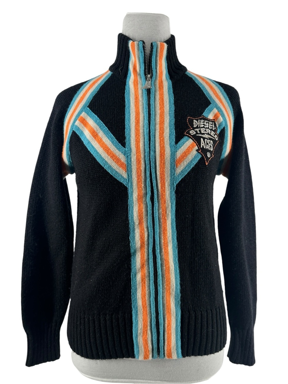 Diesel Black Sweater with Teal and Orange Stripes
